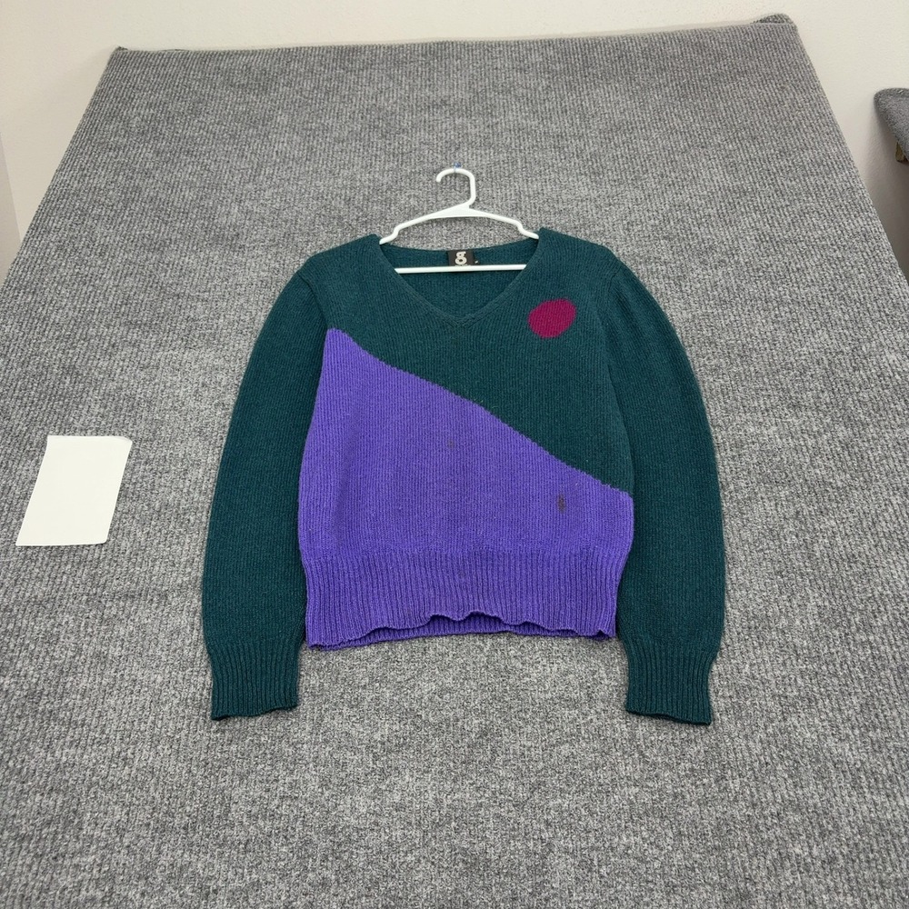 Vintage G Sweater Womens M Green Purple Wool Colorblock V-Neck Geometric Retro